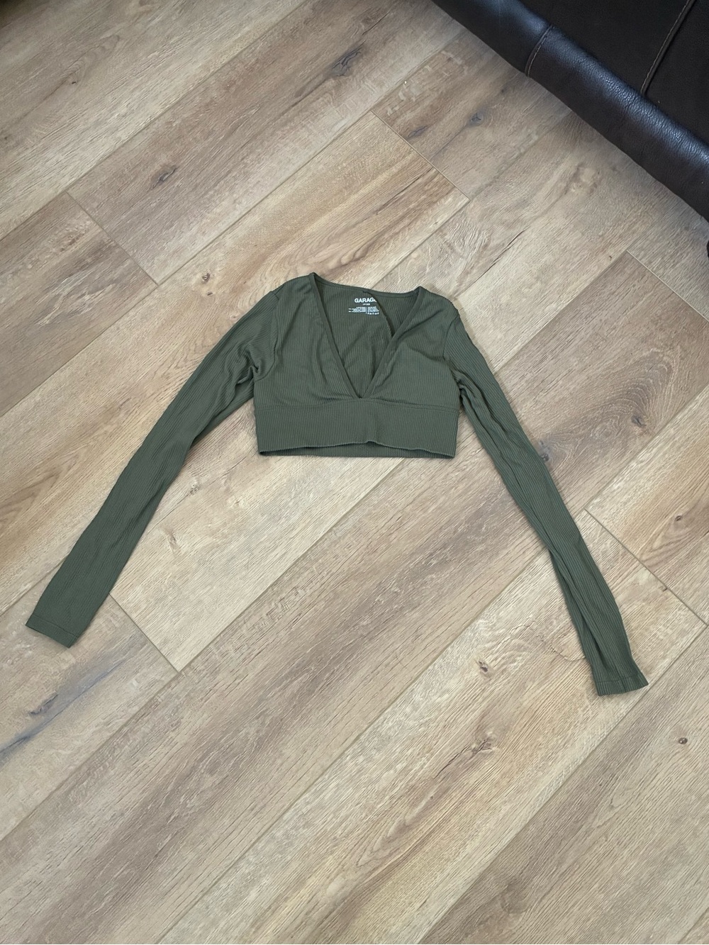 Garage Long Sleeve Olive Crop Top with V-Neck